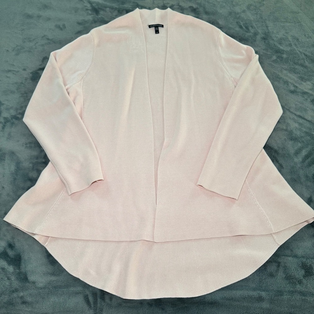 Eileen Fisher Cotton Blend Open Front Cardigan Soft Pink Size L High Low Hem